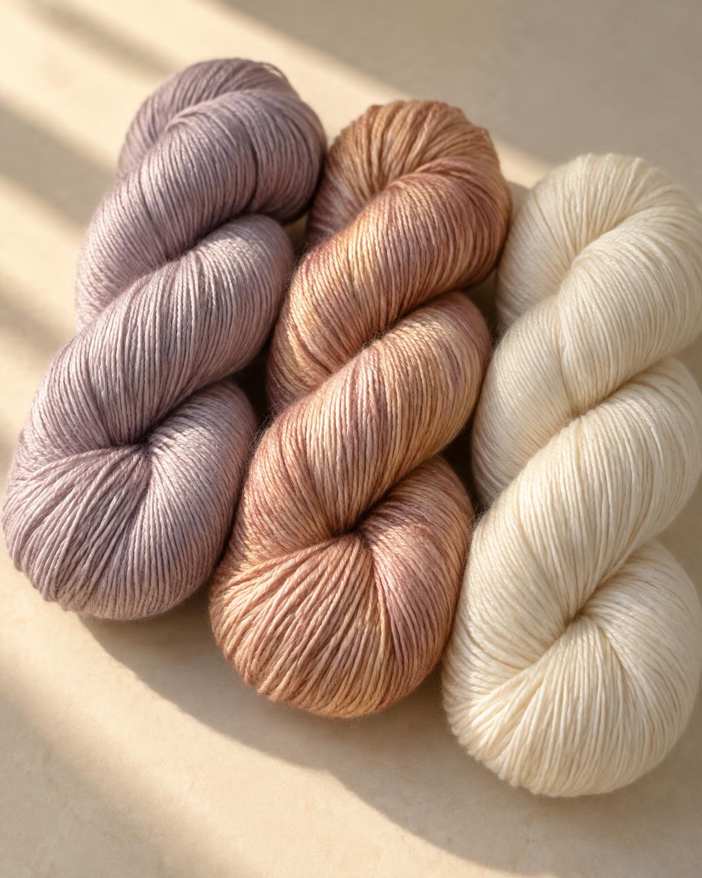 Lumen yarn skeins in moonstone, amber blush, and ivory
